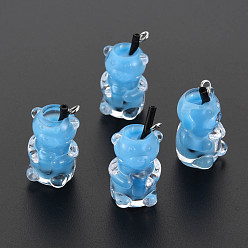 Темно-Голубой Непрозрачные смоляные подвески, имитирующие чай с пузырьками, Полимерная глина внутри, с акриловой чашкой и железной фурнитурой, медведь, глубокое синее небо, 24~32x14x13 мм, отверстие : 1.8 мм