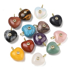 Смешанные камни Природные и синтетические смешанные каменные подвески, подвески в форме сердца с латунной микропаве из прозрачных кубических цирконий, золотые, смешанные окрашенные и неокрашенные, 25.5~26.5x20.5x12~13 мм, отверстие : 4.5 мм