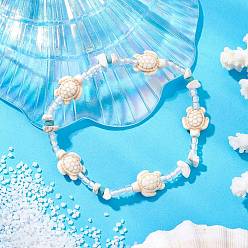 (404) Непрозрачное AB Кислое яблоко Летние пляжные браслеты с черепахой, эластичные браслеты на ногу из окрашенной синтетической бирюзы, магнезита и стеклянных бусин, цветочный белый, внутренний диаметр: 2-7/8 дюйм (73 мм)