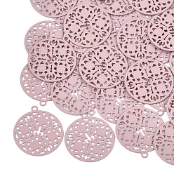 Pink 430 из нержавеющей стали филигранные подвески, окрашеные, гравированные металлические украшения, плоско-круглые, розовые, 22x20x0.3 мм, отверстие : 1.5 мм