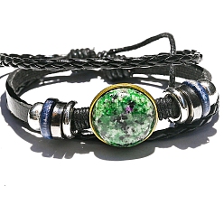 Рубин В Цоизита Плоские круглые многониточные браслеты с натуральным рубином и цоизитом, трехслойный регулируемый браслет, периметр: 7-1/8~10-1/4 дюйм (18~26 см)