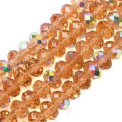 Шоколадный Гальванизируйте прозрачное стекло бисер нитей, рондель, с покрытием AB цвета, с половиным покрытием, граненые, цвет шоколада, 6x4 мм, отверстие : 1 мм, около 98~100 шт / нитка, 16.93~18.39'' (43~46.7 см)