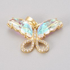 Хрусталь AB Латунь стекло кулоны, с прозрачным микропаве из кубического циркония, бабочка, золотые, хрусталь AB, 19.5~20x29.5~30x4.5 мм, отверстие : 5x3.5 мм