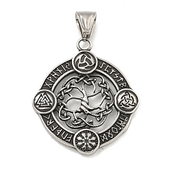 Античное Серебро 316 хирургические подвески из нержавеющей стали, плоский круглый с подвеской в виде руны и дерева, античное серебро, 38.5x34x3 мм, отверстие : 4x9 мм