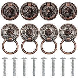 Красная Медь 8 шт. ручки для шкафа из цинкового сплава с цветочным рисунком, с винтами, Красная медь, 55.5x9.5 мм