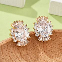 Прозрачный Овальные серьги-гвоздики из латуни с микропаве из кубического циркония для женщин, без кадмия и без свинца, долговечный, стойки покрытие, золотые, прозрачные, 15.5x12.5 мм