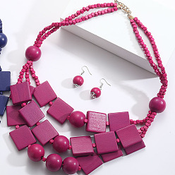 Средний Фиолетово-красный Комплекты из многослойных ожерелий и серег-подвесок из квадратных и круглых бусин из дерева в богемном стиле, золотые, средне фиолетовый красный, 620 мм
