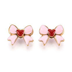 Pink Ионное покрытие (IP) 304 шарики из эмали из нержавеющей стали, бантом, реальный 18 k позолоченный, розовые, 10x12x5.5 мм, отверстие : 1.8 мм