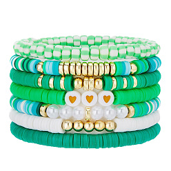 Средний Морско-зеленый 7 Набор эластичных браслетов для женщин с узором в виде сердечек из полимерной глины, пластиковых бусин и жемчуга, а также пластиковых бусин CCB., средний морской зеленый, внутренний диаметр: 2.56~5.12 дюйм (6.5~13 см)