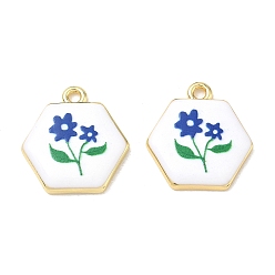 Marine Blue Printed Brass Pendants, Hexagon with Flower Charms, Rack Plating, Long-Lasting Plated, Lead Free & Cadmium Free, Real 18K Gold Plated, Marine Blue, 22.5x21x3.5mm, Hole: 2.5mm