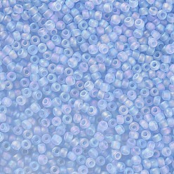 Cornflower Blue 12/0 Grade A Round Glass Seed Beads, Transparent Frosted Style, AB Color Plated, Cornflower Blue, 2x1.5mm, Hole: 0.8mm, about 30000pcs/bag