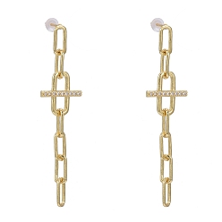 Real 18K Gold Plated Brass Micro Pave Clear Cubic Zirconia Dangle Stud Earrings, with Ear Nuts, Long-Lasting Plated, Paperclip Chain, Real 18K Gold Plated, 52x13mm, Pin: 0.8mm