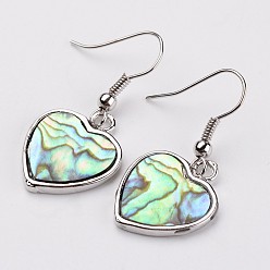Shell Heart Platinum Tone Brass Natural Paua Shell Dangle Earrings, 37mm, Pin: 0.8mm