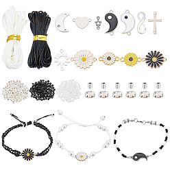 Couleur Mélangete Kit de fabrication de bracelets pour couple, match yin yang, bricolage, y compris les perles de rocaille en verre, croix & infinity & soleil & étoile & fleur de marguerite connecteurs de liaison en acier inoxydable et alliage, couleur mixte