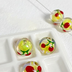 Kirsche Handzeichnung transparenter Acryl-Emaille-Perlen, handgezeichnete Perlen, Runde, lime green, Kirsche, 16 mm, Bohrung: 2.8~2.9 mm