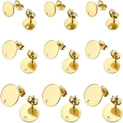 Golden 36Pcs 3 Styles Ion Plating(IP) 304 Stainless Steel Stud Earring Findings, Flat Round with Loop and Flat Plate, Ear Nuts/Earring Backs, Golden, 12x1mm, Hole: 1.6mm, Pin: 0.8mm