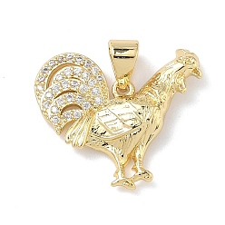 Настоящее золото 18K Латунные микропаве прозрачные подвески с фианитом, долговечный, без кадмия и без свинца, стойки покрытие, талисманы петуха, реальный 18 k позолоченный, 18x19.5x3 мм, отверстие : 4.5x3.5 мм