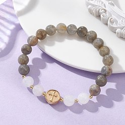 Смешанные камни Круглые браслеты из натурального лабрадорита и белого нефрита, эластичные., 304 Плоское круглое украшение из нержавеющей стали с крестиком для женщин, бусины : 8 мм, внутренний диаметр: 1.97 дюйм (5 см)