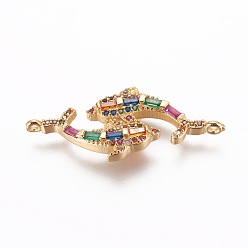 Золотой Латунные микро проложить кубических ссылки циркония, Двухместный дельфин, красочный, золотые, 15x33x3 мм, отверстие : 1 мм