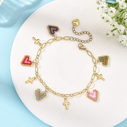 Colorful Brass Paperclip Chain Seed Bead Heart Charm Bracelets with 304 Stainless Steel Tiny Cross, Golden, Colorful, 7.52 inch(19.1cm)
