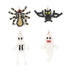 Mixed Color Halloween TOHO Glass Seed Beaded Pendants, Mixed Shapes Charm, with Copper Wire, Mixed Color, 21~43x23~35x2mm, Hole: 2mm, 4pcs/set