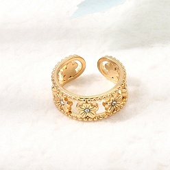Real 18K Gold Plated 304 Stainless Steel Rhinestone Cuff Open Rings for Women, Flower, Ion Plating(IP), Real 18K Gold Plated, 9mm, US Size 8 1/2(18.5mm)