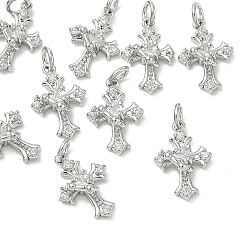 Real Platinum Plated SHEGRACE Brass Micro Pave Cubic Zirconia Pendants, Cross Charm, Cadmium Free & Nickel Free & Lead Free, Clear, Real Platinum Plated, 13x9x4mm, Hole: 2.5mm