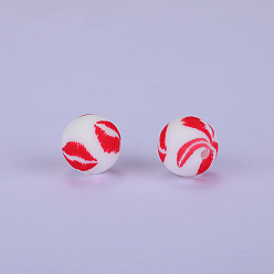 White Printed Round with Lip Pattern Silicone Focal Beads, White, 15x15mm, Hole: 2mm