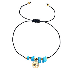 Antique Golden 304 Stainless Steel & Brass Charm Bracelets, Adjustable Synthetic Turquoise & Glass Seed Beads Braided Bead Bracelets for Unisex, Tree of Life, Antique Golden, 11.02 inch(28cm)