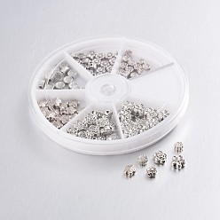 Antique Silver Mixed Flower Tibetan Style Alloy Spacer Beads, Antique Silver, 4.5~7x3~3.5mm, Hole: 1mm, 20pcs/compartment, 120pcs/box