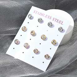 (52) Непрозрачная лаванда Ионное покрытие (ip) 304 плоские круглые серьги-гвоздики из нержавеющей стали, с четким кубического циркония, разноцветные, 6.5 мм, 12 шт / комплект