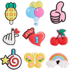 Смешанные Узоры 27шт 9 стиль ПВХ пластиковые пряжки для шнурков, обувные украшения очарование, мультфильм застежка для обуви, рука сердце/вишня/радуга, разноцветные, 20~31x17~32x10~14 мм, 3 шт / стиль