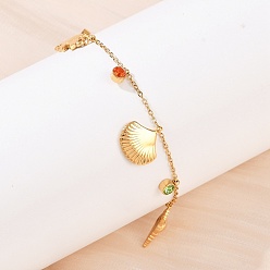 Настоящее золото 18K 304 женские браслеты-подвески из нержавеющей стали, в форме рыбы и ракушки, со стеклом, ионное покрытие (ip), реальный 18 k позолоченный, 6-1/2 дюйм (16.5 см)