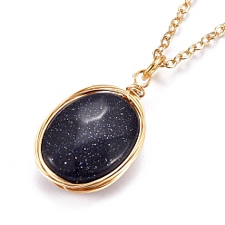 Blue Goldstone Faceted Synthetic Blue Goldstone Wire Wrapped Pendant Necklaces, with Brass Cable Chains, Oval, 15.94 inch(40.5cm)