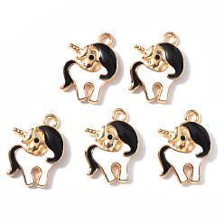 Черный Подвески из эмали и сплава, единорог, золотой свет, чёрные, 20x15x3.5 мм, отверстие : 2.0 мм