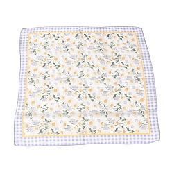 Yellow Polyester French Floral Checked Cotton Linen Square Scarf Daisy Bandana, Yellow, 560~565x555x0.3~0.5mm