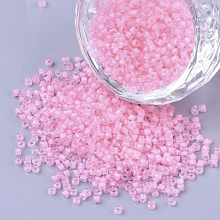 Pink Glass Cylinder Beads, Seed Beads, Inside Colours, Round Hole, Pink, 1.5~2x1~2mm, Hole: 0.8mm, about 8000pcs/bag, about 85~95g/bag