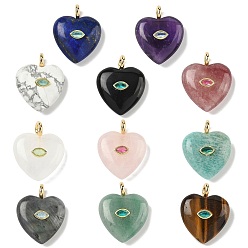 Смешанные камни Природных драгоценных камней подвески, подвески в форме сердца с латунной микрофиброй и фианитами, реальный 18 k позолоченный, долговечный, стойки покрытие, смешанные окрашенные и неокрашенные, 31x25x10 мм, отверстие : 4 мм