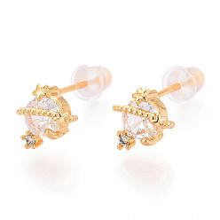 Настоящее золото 18K Серьги-гвоздики с микропаве из прозрачного кубического циркония в виде планеты из латуни, долговечный, без никеля , реальный 18 k позолоченный, 9x8 мм, штифты : 0.9 мм