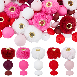 Mixed Color 20Pcs 5 Colors Imitation Mink Fur European Beads, Large Hole Beads, with Alloy Core, Rondelle, with 50Pcs Rondelle Silicone Focal Beads and 25Pcs Round Silicone Focal Beads, Mixed Color, 20x12.5mm, Hole: 4mm
