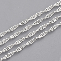 Серебро Сингапурские паяные латунные покрытые железом цепи, цепи водных волн, с катушкой, серебряный цвет гальваническим, 2x1x0.2 мм, около 328.08 футов (100 м) / рулон
