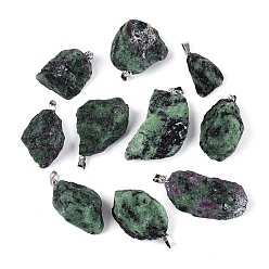 Рубин В Цоизита Необработанные натуральные рубины в подвесках из цоизита., самородки прелести, с 201 защелкой из нержавеющей стали на поручнях, цвет нержавеющей стали, 16~41x14~30x9~28 мм, отверстие : 5.5x2.5 мм