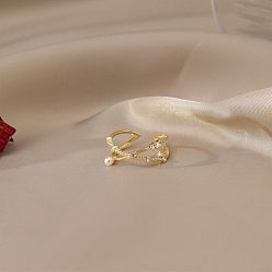 Золотой Плоские круглые латунные кольца-манжеты с микропаве из прозрачного кубического циркония для женщин, с пластиковой жемчужины, золотые, внутренний диаметр: регулируемый