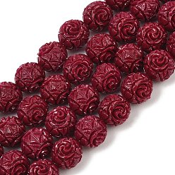 Rouge Foncé Colliers de perles sculptées en corail synthétique teint, perles rondes à motif floral, rouge foncé, 10.5~11x9.5~10mm, Trou: 1.4mm, Environ 38 pcs/chapelet, 14.76~14.96'' (37.5~38 cm)