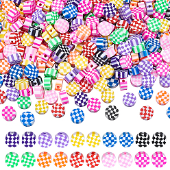Couleur Mélangete 300 perles d'argile polymère faites à la main, Plat rond avec motif tartan, couleur mixte, 9.5x4.5mm, Trou: 1.8mm