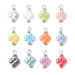 Платина Фарфора ручной работы подвески, подвески в виде четырехлистного клевера, яркие глазированный фарфор, платина, 19~19.5x11.5~12x5.5 мм, отверстие : 2.5 мм