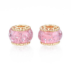 Бледно-Розовый Стойки покрытие сплава европейские шарики, со смолой и пайетками, бусины с большим отверстием, без кадмия и без свинца, рондель, золотые, розовый жемчуг, 13.5x11 мм, отверстие : 4.5 мм