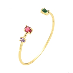 Real 18K Gold Plated Brass Pave Green & Red Glass Open Cuff Bangles for Women, Real 18K Gold Plated, 0.2~0.85cm, Inner Diameter: 2-1/4 inch(5.55cm)