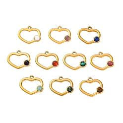 Смешанные камни Природные каменные смешанные подвески, ионное покрытие (ip) 304 подвески в форме сердца из нержавеющей стали, реальный 18 k позолоченный, смешанные окрашенные и неокрашенные, 16x18x3.5 мм, отверстие : 1.6 мм