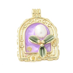 Лиловый Латунь эмаль подвески, с натуральным пресноводным жемчугом и застежкой из латуни с микропаве из кубических цирконий, арка с цветочным шармом, сирень, 28.5x20.5x6.5 мм, отверстие : 2.5 мм